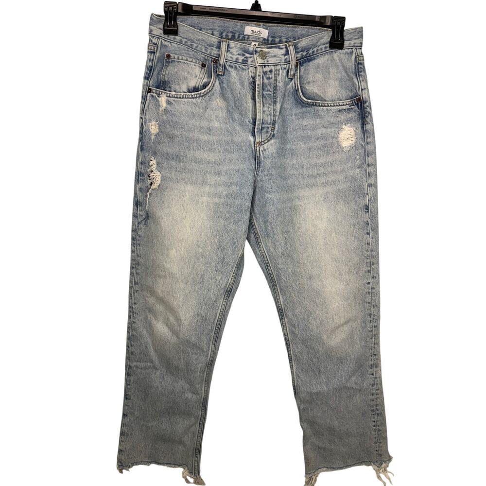 Nuuds Curvy Lightwash Distressed Jeans Straight 29 High-Waisted Button Raw Hem